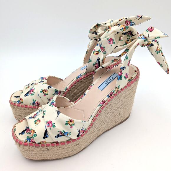 Prada Floral Wedge Espadrille Platform Sandals Self-Tie Accent Size US7.5 EU37.5 - Picture 1 of 13